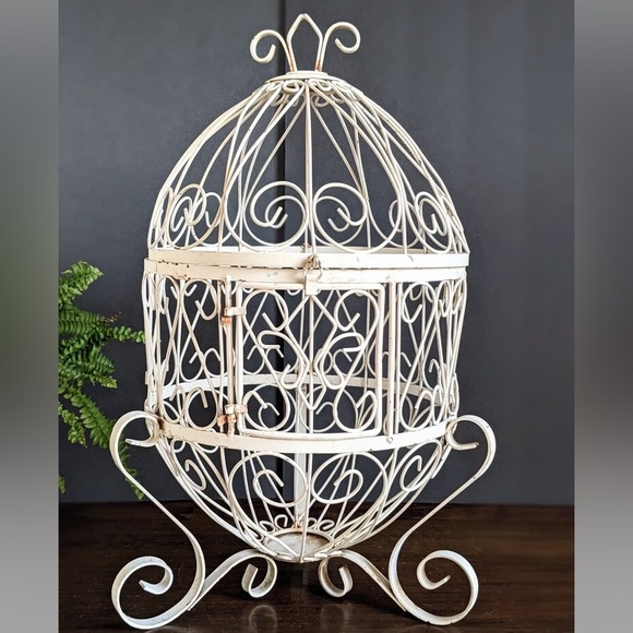 20" VTG METAL EGG SHAPED DISPLAY STAND CAGE WITH GLASS SHELF TABLETOP - Picture 2 of 8